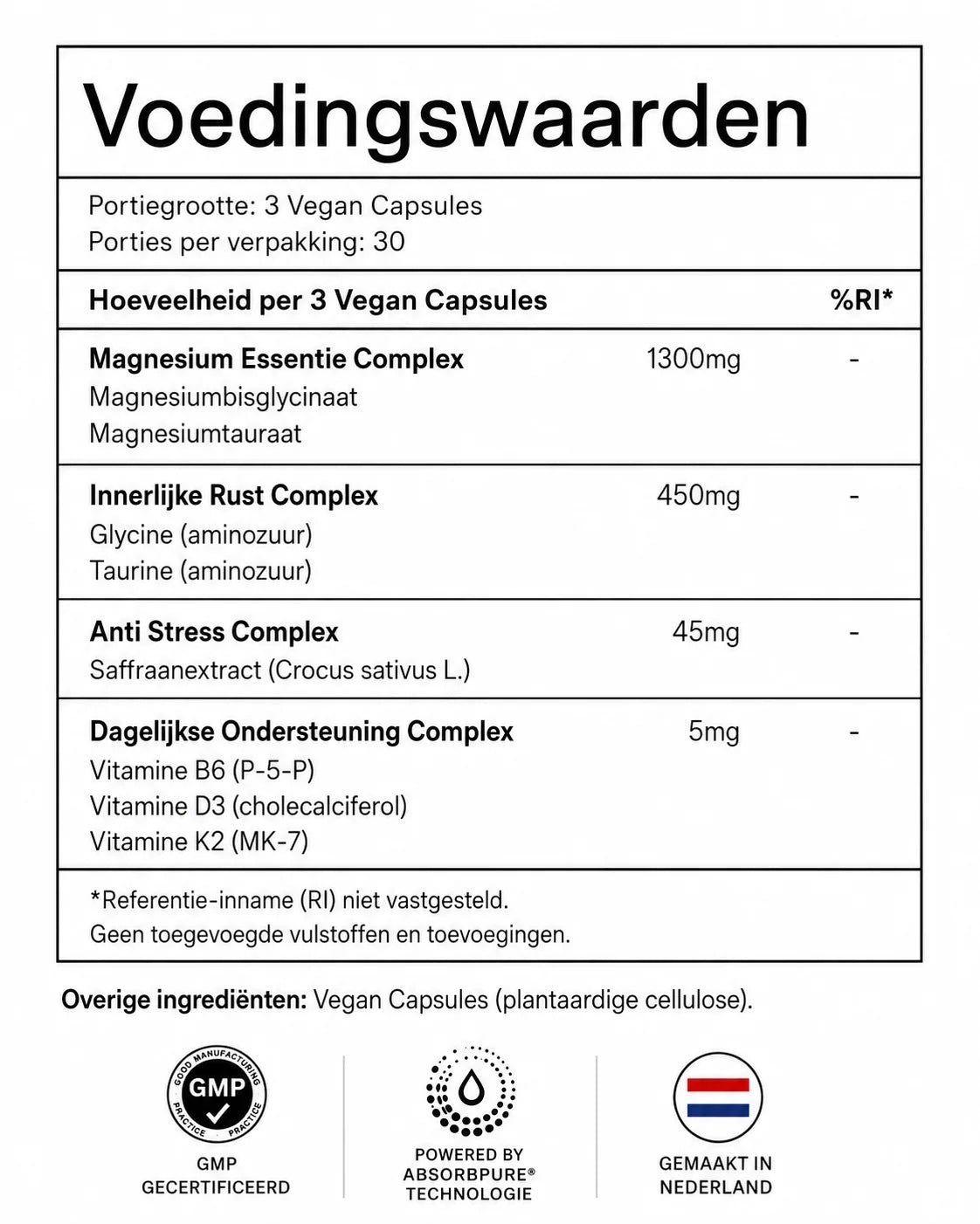 PureLabs Magnesium+ voedingswaarden