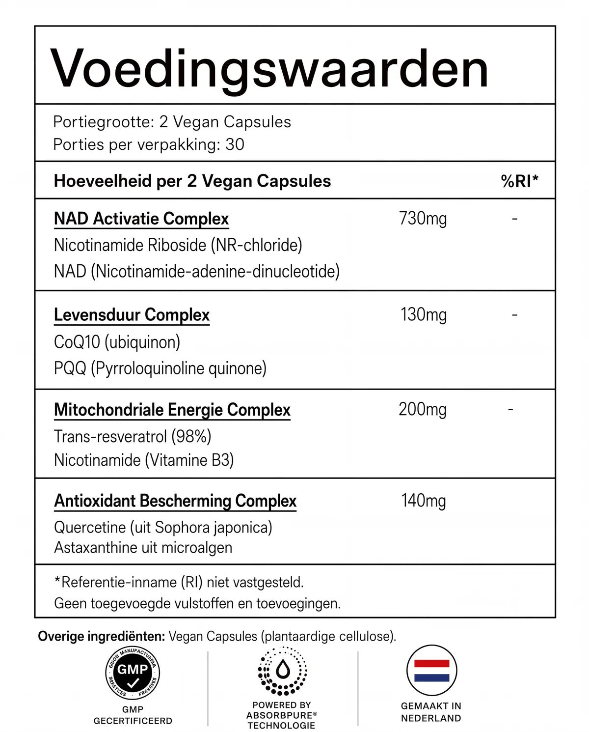 PureLabs NAD+ voedingswaarden